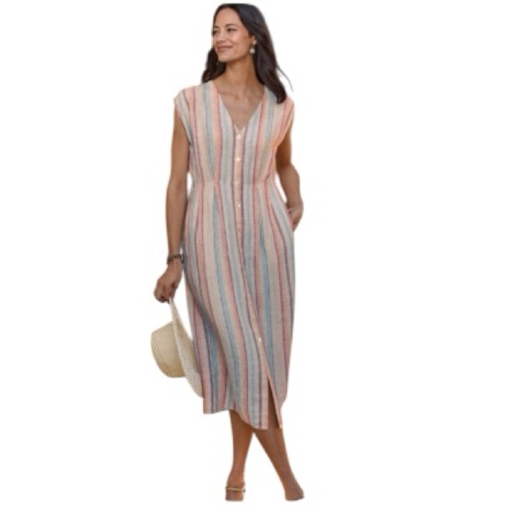 Garnet Hill 100% Linen Flax Maxi Dress Cap Sleeve Buttons V-Neck Cream Size 16